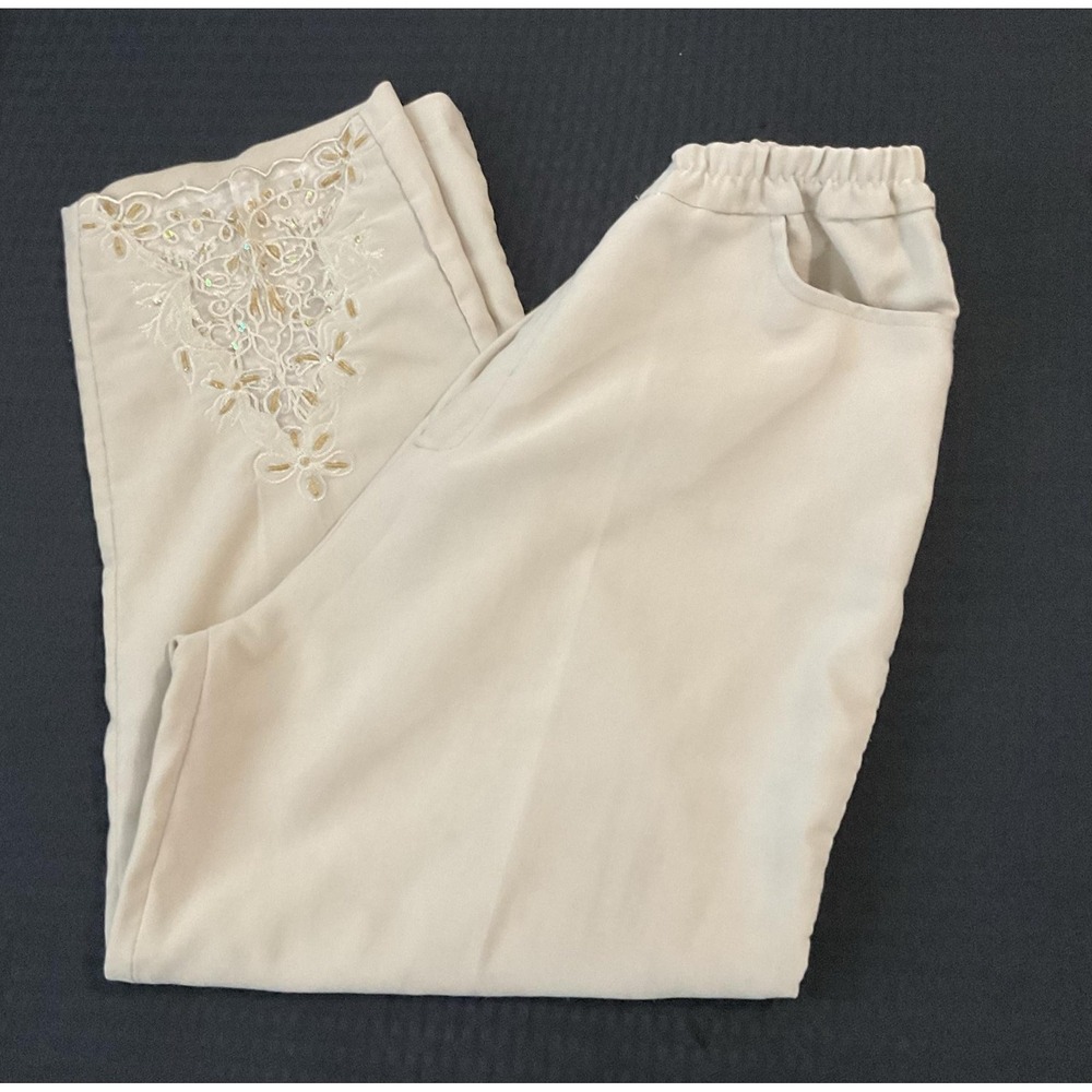 Dress Pants Womens 24" Elastic Waist Beige Embroidered Floral Sequin Pull On